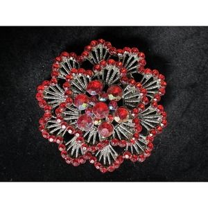 Small Hot Red Diamante Flower Brooch (Silver Tone) Vintage Pin 3 Dimensional